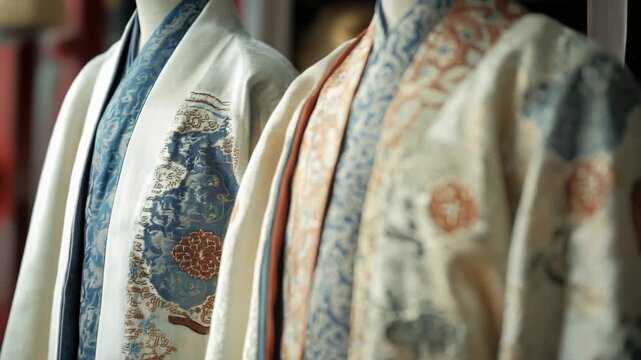 Assorted Asian-style clothing pieces hung on a wall, perfect for cultural or lifestyle-themed illustrations