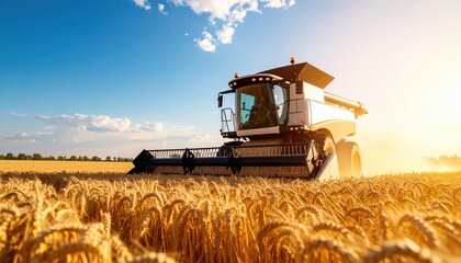 Obraz premium Modern agricultural machinery harvesting golden wheat in a sunlit field, showcasing the efficiency of farming technology and the beauty of rural landscapes
