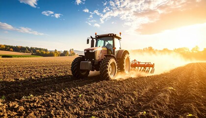 Obraz premium Agricultural tractor plowing field at sunset, creating dust clouds, with golden sunlight illuminating the landscape and enhancing the rural farming atmosphere