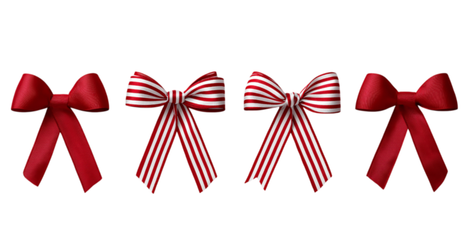Four red and white striped bows and solid red bows isolated on a transparent background