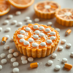 Ultra-realistic orange flavored paracetamol tart with pills scattered, illustrating overprocessed food