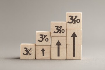 Wooden blocks with 3% symbols and upward arrows, forming a staircase, suggesting increasing interest rates or growth