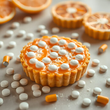 Ultra-realistic orange flavored paracetamol tart with pills scattered, illustrating overprocessed food