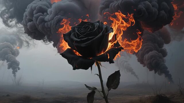 Black rose on fire with smoke clouds and destruction in background