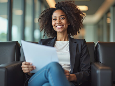 A smiling african woman reading a document in a modern office environment highlights the intersection of aging population and technology, showcasing positivity and preparedness for the future