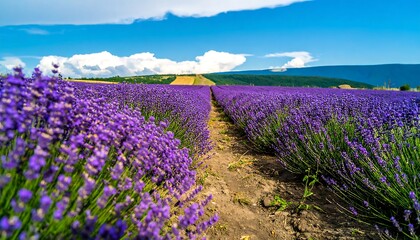 Naklejka premium Extensive lavender field under a vibrant blue sky.