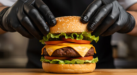 Man chef assembling delicious burger. Food preparation, cooking and serve concept for restaurant menu
