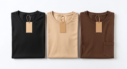 Three folded tshirts in black beige and brown with blank tags for mockup and branding presentation on white background