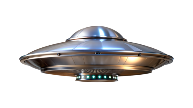 A shiny silver ufo hovers, its metallic surface reflecting light, a symbol of science fiction and the mysteries of space, isolated on transparent background