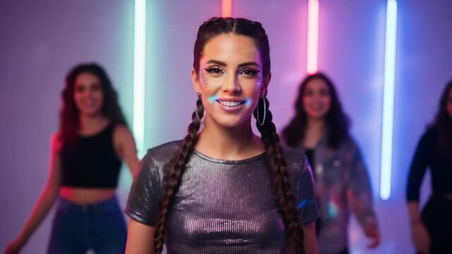 Smiling Woman in Sparkly Silver Top Dancing with Friends Under Bright Neon Lights at Nightclub in Studio Setting