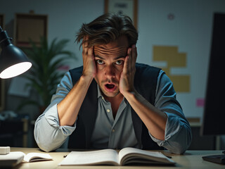 Stressed young man looks overwhelmed while studying technology and aging population in a dimly lit office, showcasing the impact of digital demands on mental health and productivity