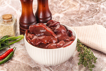 Raw uncokked chicken liver in the bowl