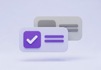 Modern 3d illustration of a verified identification card with a purple checkmark on a soft purple background