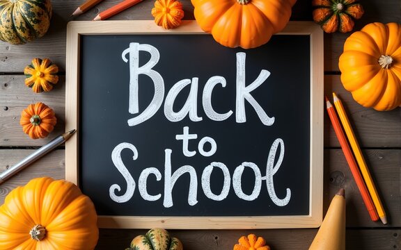 Back to school message on vintage style chalkboard surrounded by autumn gourds and pencils on rustic wood table. High quality