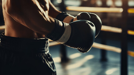 Athletic male boxer wearing blue gloves stands in a training ring, showcasing muscular arms and focused expression, preparing for an intense match in a dynamic environment