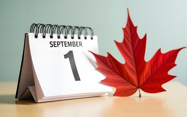 Minimal still life with a desk calendar showing "1 September" next to a red maple leaf. Symbolic image of back-to-school season and the start of autumn. High quality