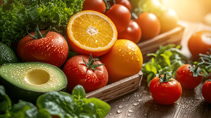 Fresh vegetables and fruits, including tomatoes, avocados, oranges, and leafy greens, arranged beautifully in wooden crates, showcasing vibrant colors and healthy lifestyle choices