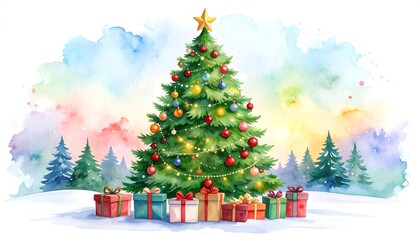 Watercolor illustration of a christmas tree with presents in a snowy landscape.