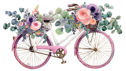 A vintage pink bicycle adorned with a vibrant bouquet of colorful flowers and eucalyptus leaves isolated on transparent background