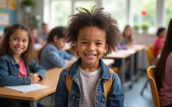 Portrait of a joyful elementary school student smiling while standing in a classroom filled with peers engaged in learning, embodying the excitement of the back to school season. High quality
