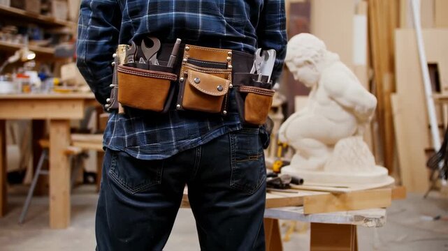 Woodworker with tool belt standing near a marble statue in the studio