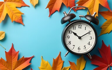 Vintage Alarm Clock Surrounded by Autumn Leaves on a Blue Background. High quality