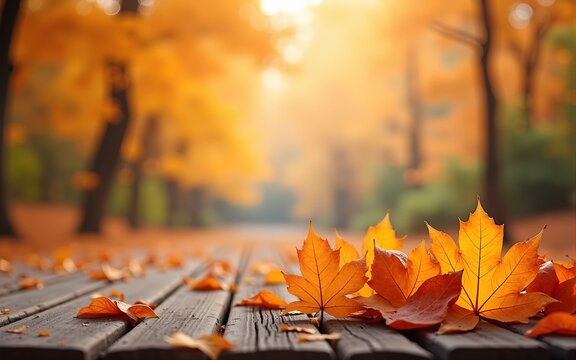 Autumn background with leaves on wooden table. copy space. High quality - Powered by Adobe