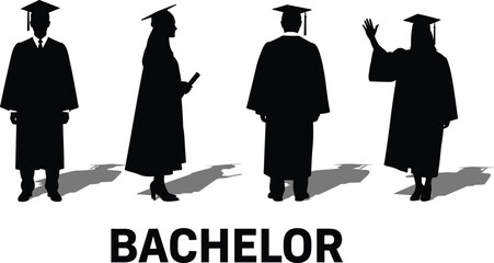 Bachelor graduation silhouette illustration with students in gown, cap, diploma, celebrating academic success, education ceremony, black vector isolated graphic.