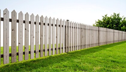 Fototapeta premium Light gray wooden picket fence on a grassy lawn.