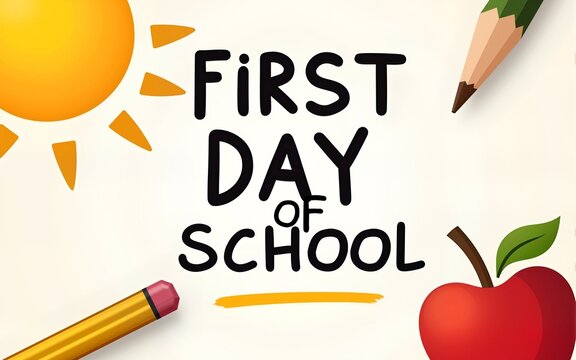 Fun first day of school graphic for back-to-school season promotions, school events, social media posts, or educational materials. Cheerful design with suns, pencils, and apples. High quality