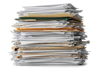 Tall stack of messy paperwork and documents isolated on a white background