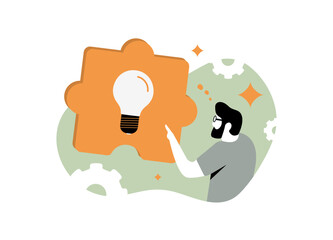 Creative problem solving - innovation and idea generation, business solution - man with puzzle piece and lightbulb. Creative problem solving, brainstorming, ideation, team collaboration for startups