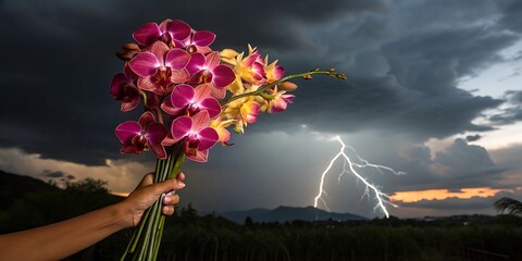 A hand holds a vibrant bouquet of orchids against a dramatic sky featuring a powerful lightning strike illuminating the horizon