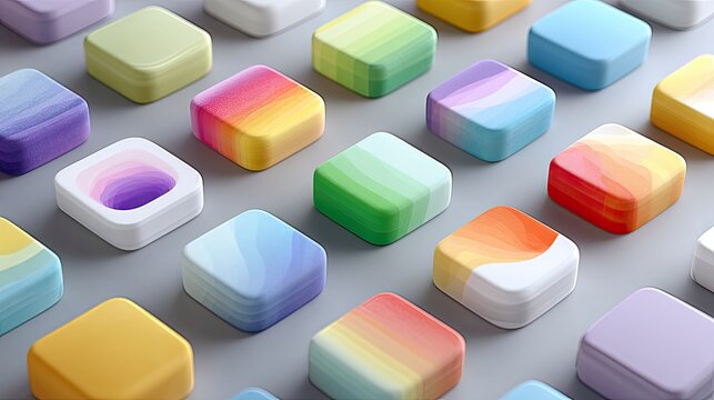 Colorful, square, 3D shapes arranged in a grid pattern