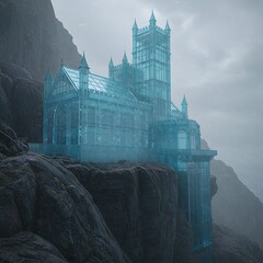 Glass Cathedral on a Mountain Cliff in a Rainstorm