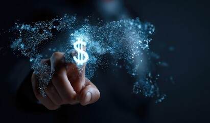 A hand points at a glowing dollar sign, superimposed on a digital world map