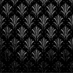 Art deco inspired pattern with stylized floral elements in white on a black background creating a repeat