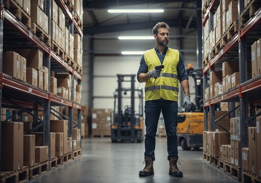 Warehouse worker checks inventory while standing between shelves filled with packed boxes during a busy workday