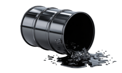 Metal oil barrel spilling dark liquid