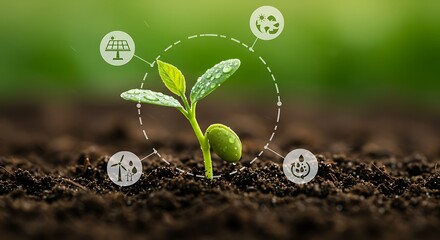 Green Sprout Growing in Soil with Renewable Energy Icons Concept