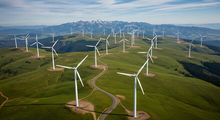 Wind Turbines Array on Green Hillside with Mountain Backdrop