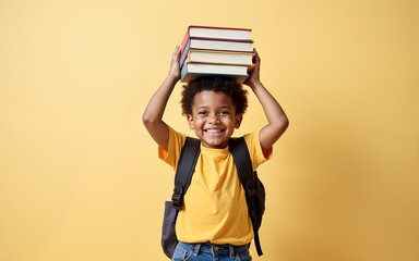 Portrait of a cheerful elementary student balancing a stack of books on his head, radiating enthusiasm for learning and embracing the excitement of back to school season. High quality