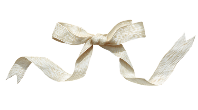 Elegant white lace ribbon tied in a decorative bow with flowing tails isolated on transparent background