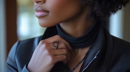 High-end jewelry advertisement: Woman's hand wearing black diamond ring, professional studio shot