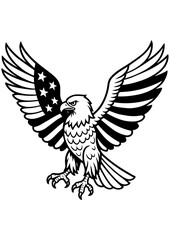 Obraz premium Black and white vector eagle with American flag design on wings, perfect for engraving, tattoos, prints, and patriotic creative projects