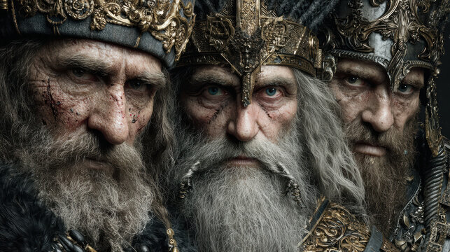 Close-up portrait of three Slavic gods Perun and Veles