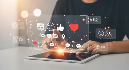 Fototapeta premium Social Media Engagement: Person Interacting with Digital Icons Representing Likes, Comments, Shares, and Positive Reviews