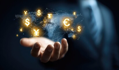 Hand holding a holographic projection of a global currency network