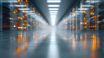 Fototapeta premium A corridor in a data center, illuminated by warm lights, showcasing rows of server racks and a reflective floor.