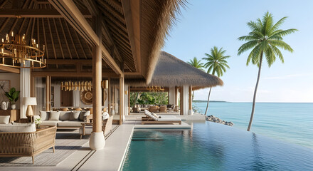 Fototapeta premium Luxury Villa With Infinity Pool Overlooking Tropical Ocean, Blue Sky